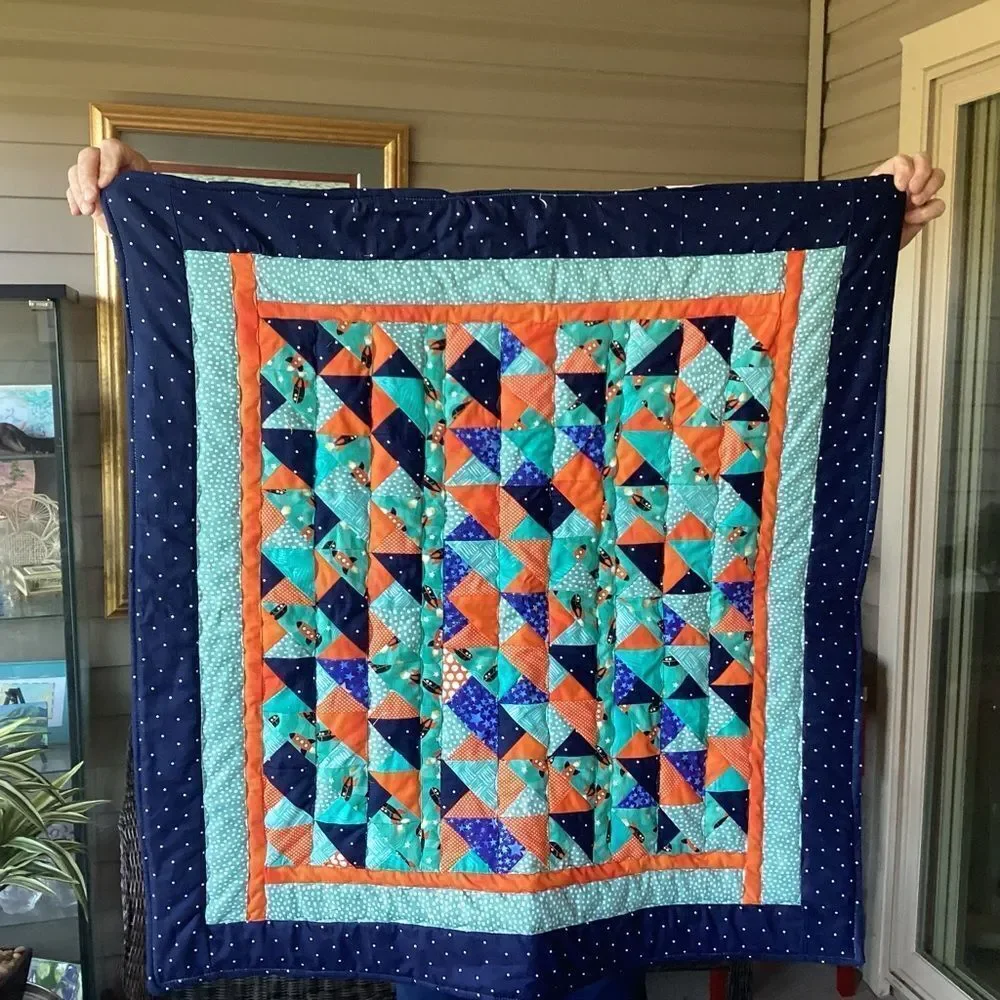 NWT. Hand Crafted To The Moon RocketshipColorful Patchwork Quilt w/ Teddy Quilt
